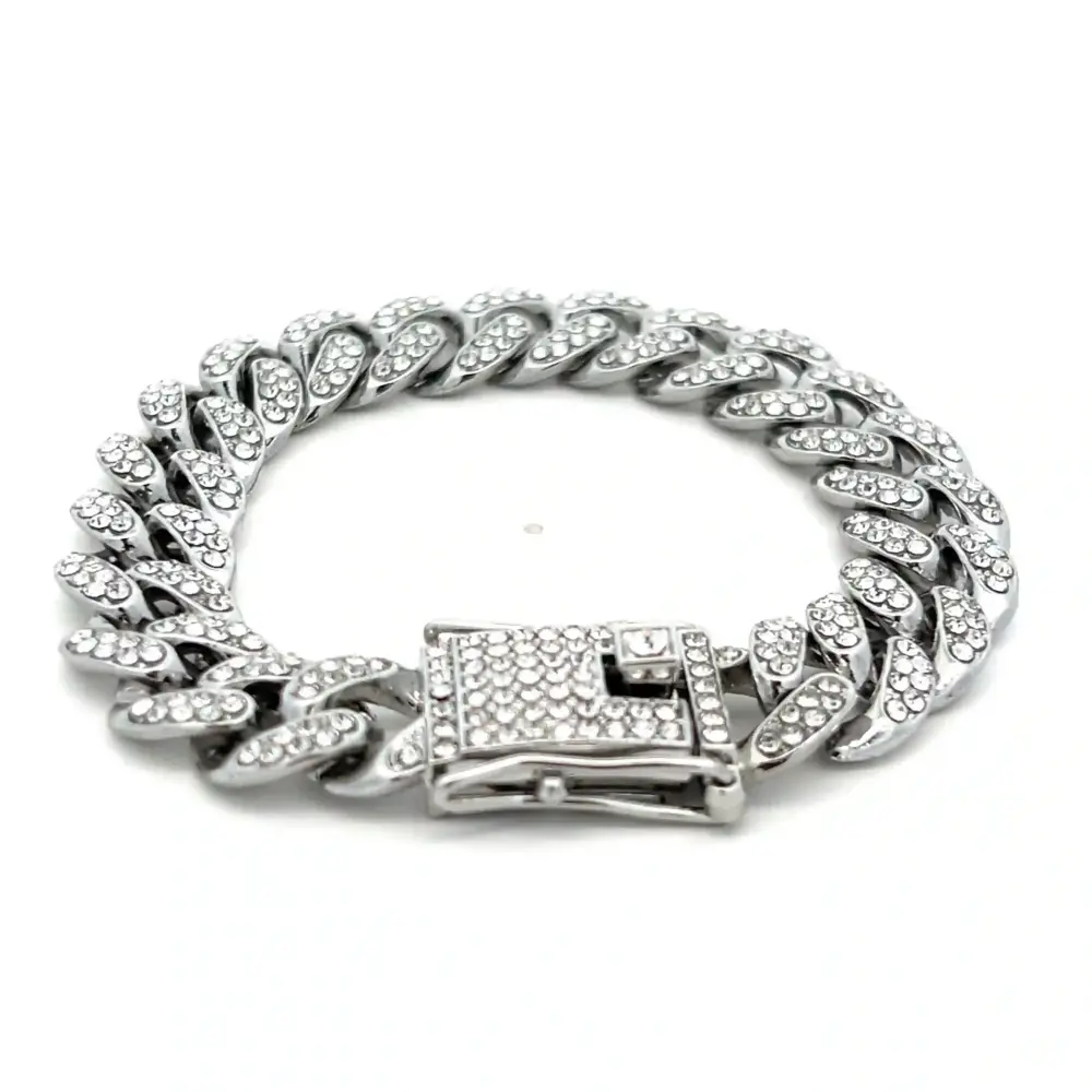 FirstMadam Stainless Steel Pave Zircon 12MM Width Cuban Chain Bracelet Factory Price