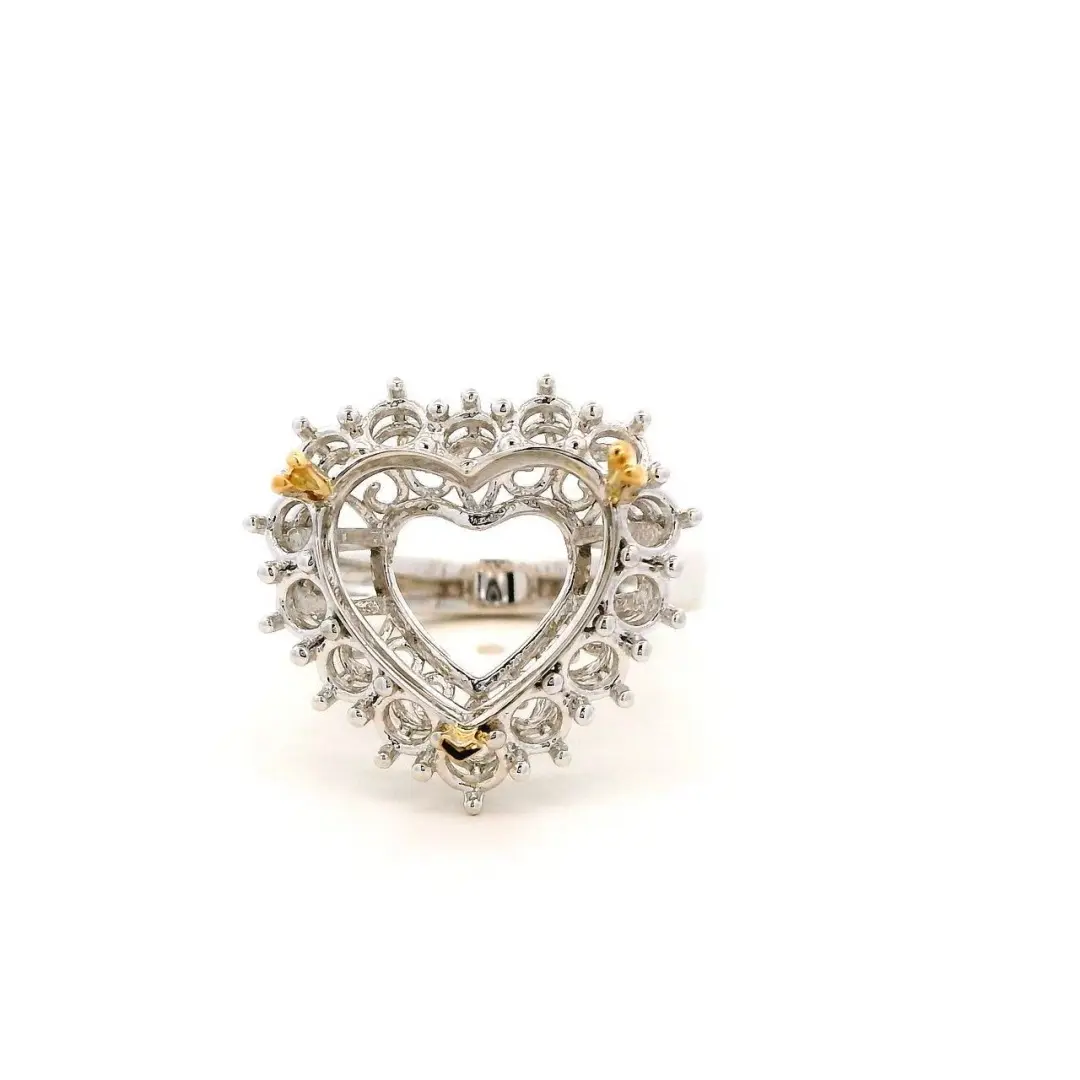 18K Gold Two Tone Open Heart Ring Setting Hollow Filigree Semi Mount For Women