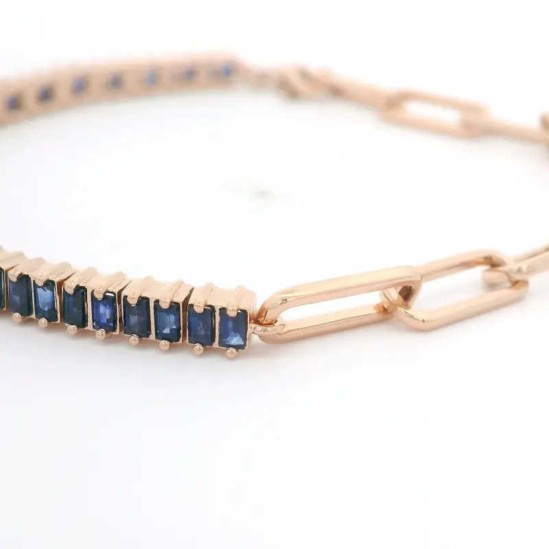 FirstMadam 14K Rose Gold Blue Sapphire Linked Up Chain Women Bracelet--003 FirstMadam 14K Rose Gold Blue Sapphire Linked Up Chain Women Bracelet