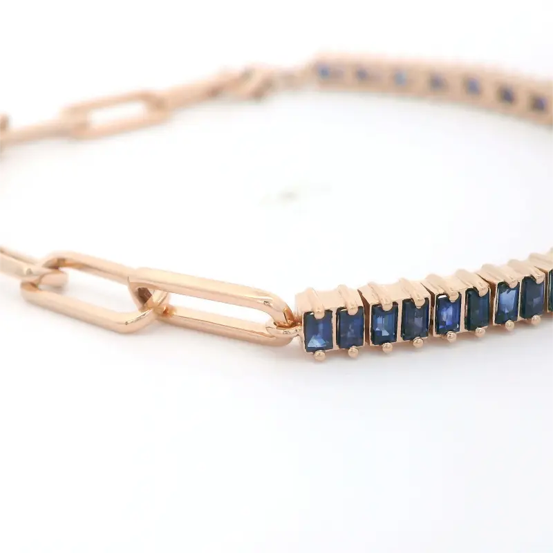 FirstMadam 14K Rose Gold Blue Sapphire Linked Up Chain Women Bracelet--005 FirstMadam 14K Rose Gold Blue Sapphire Linked Up Chain Women Bracelet
