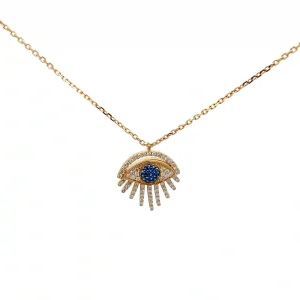 FirstMadam Custom 18K Yellow Gold Sapphire Eye Pendent Lab Diamond Link Chain Necklace Factory Price