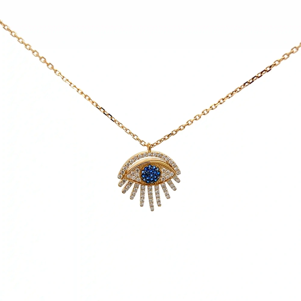 FirstMadam Custom 18K Yellow Gold Sapphire Eye Pendent Lab Diamond Link Chain Necklace Factory Price