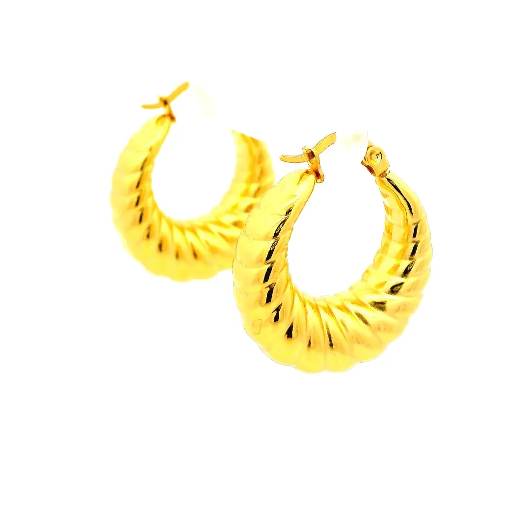 Statement Gold Plated Stainless Steel Grooved Hoop Earrings Statement Gold Plated Stainless Steel Grooved Hoop Earrings