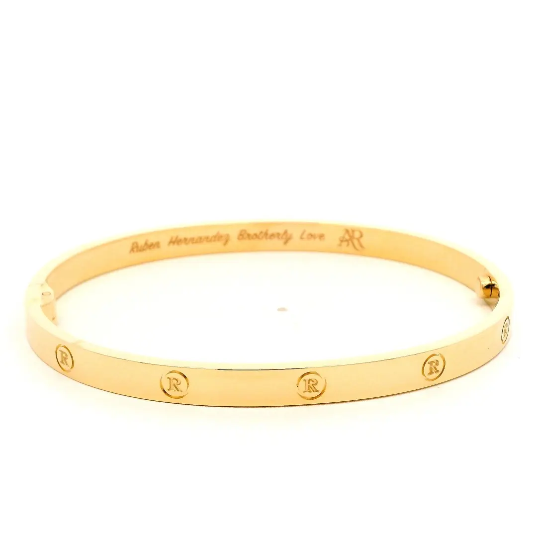 14K Yellow Gold Bracelet Hinged Bangle With Engraved Letter R Pattern
