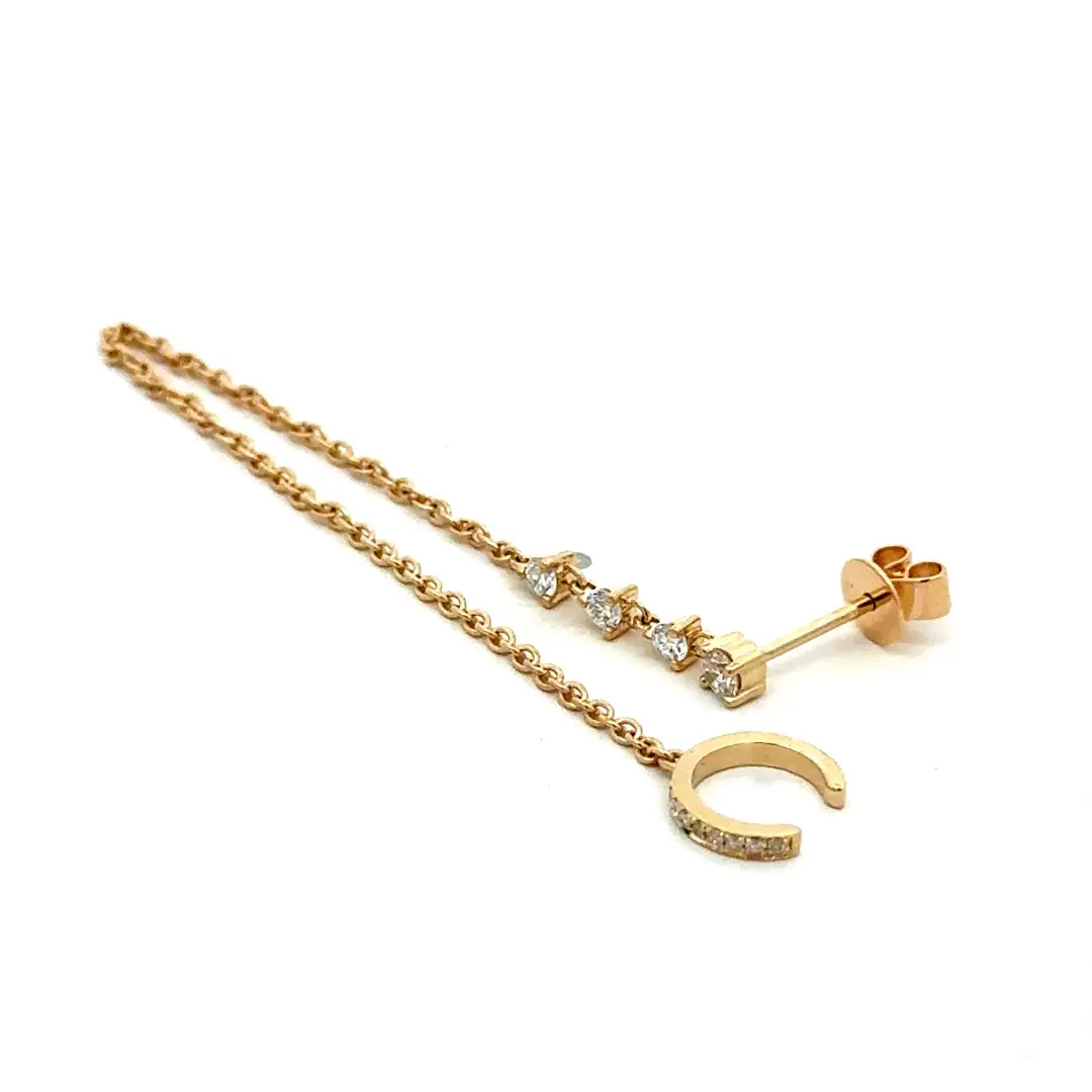 Dainty Lab Grown Diamond Chain Ear Cuff 9K Solid Gold Earring No Piercing Cuff with Stud Chain Design