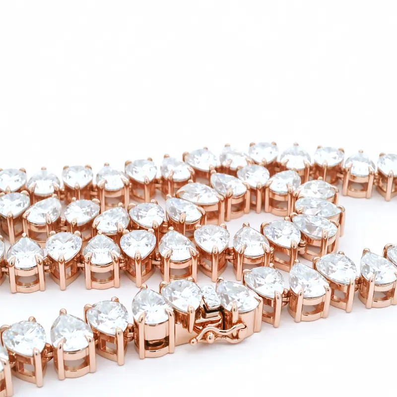 FirstMadam 14K Rose Gold Single Row Pear Shape Cut Moissanite Tennis Necklace--003 FirstMadam 14K Rose Gold Single Row Pear Shape Cut Moissanite Tennis Necklace