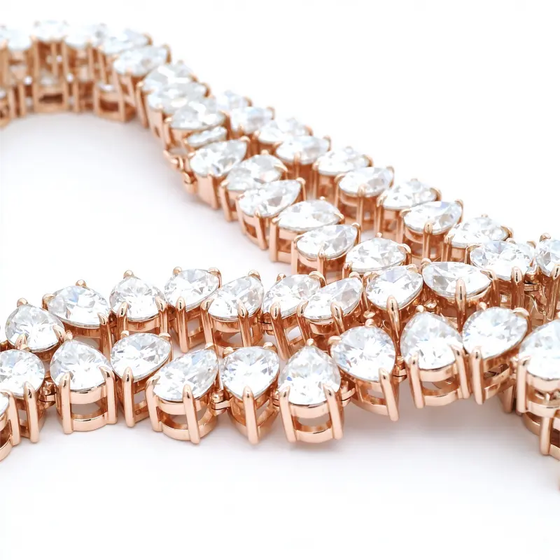 FirstMadam 14K Rose Gold Single Row Pear Shape Cut Moissanite Tennis Necklace--005 FirstMadam 14K Rose Gold Single Row Pear Shape Cut Moissanite Tennis Necklace